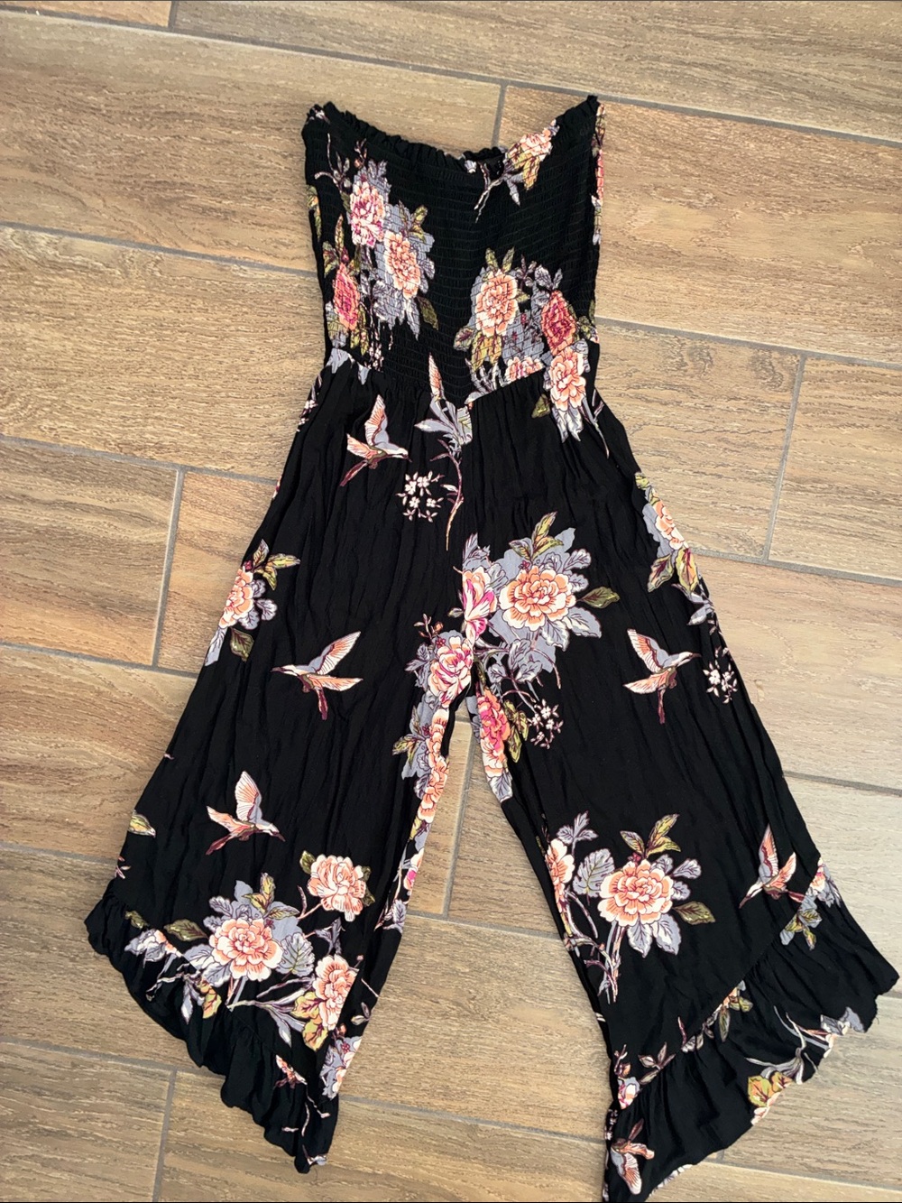 Angie Black Strapless Floral Smocked Jumpsuit with Pink Blooms